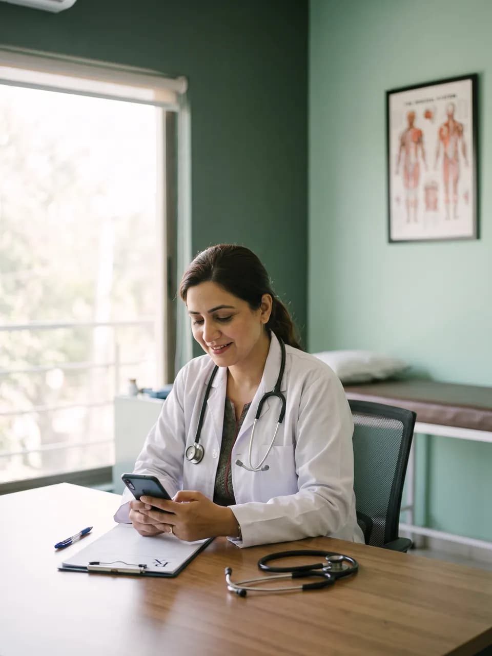 Illustrative doctor in a white coat checking a patient message in her clinic