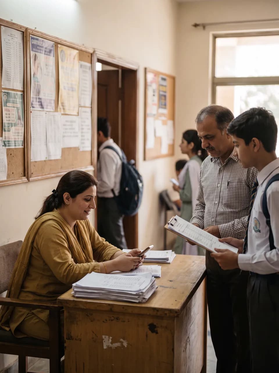 Illustrative academy coordinator replying to a message as a family waits
