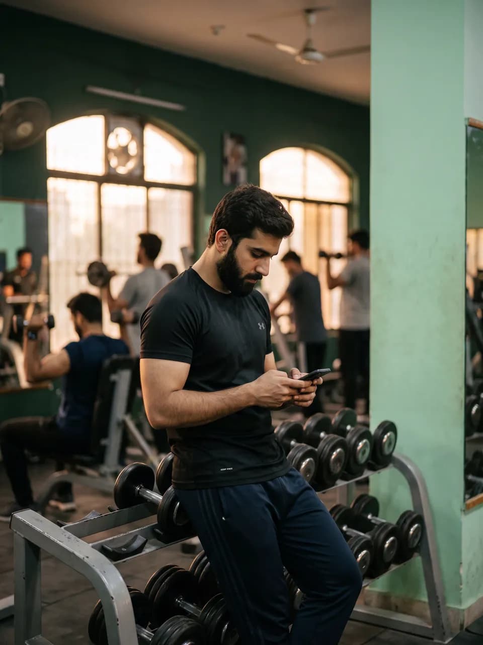 Illustrative gym owner checking his phone between training sessions