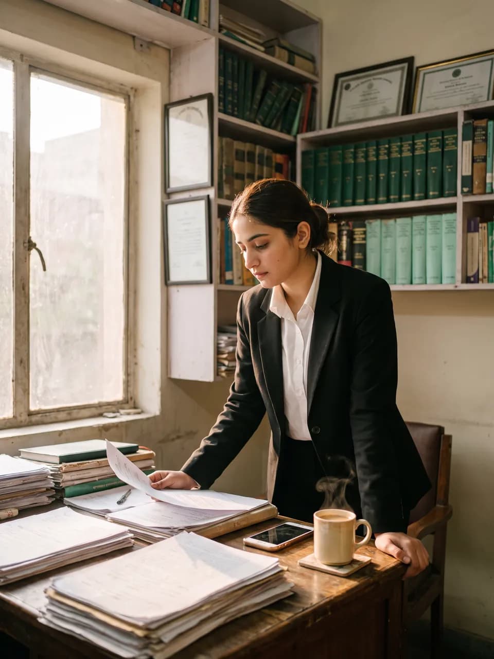 Illustrative lawyer reviewing a client file in her chamber office