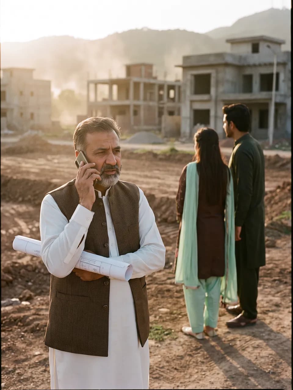 Illustrative property agent on a call at a housing project site