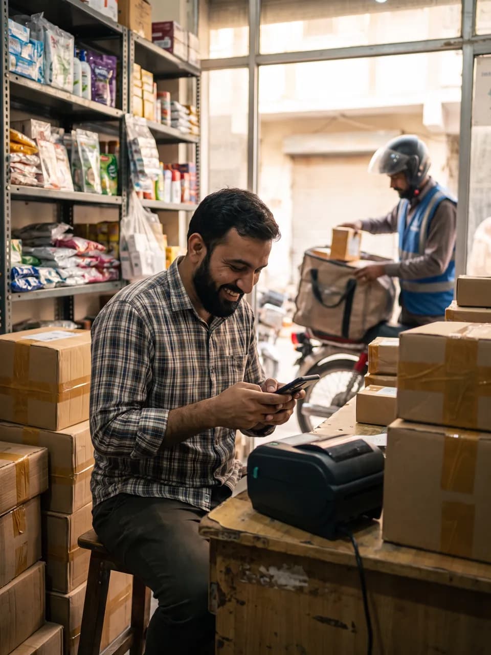Illustrative online seller checking customer messages while a courier collects parcels