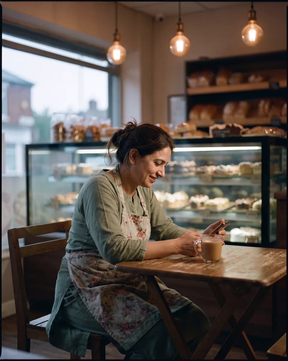 Illustrative bakery owner reading customer messages after closing time